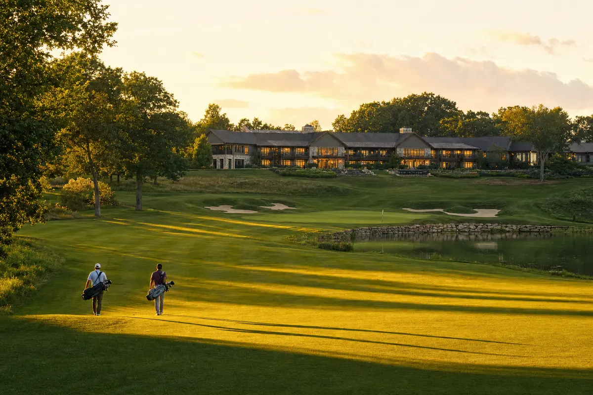 A resort golf hole at golden hour, a wide fairway curving toward a green beside a pond, with a long low resort hotel and its lit windows on the rise behind, and two golfers walking up the fairway.