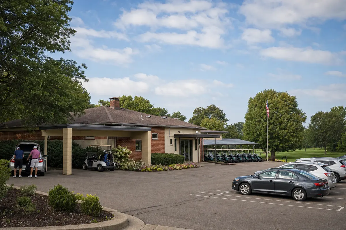 A municipal golf clubhouse seen from the parking lot on a summer morning, two golfers unloading clubs at the covered bag drop and a row of golf carts under a canopy alongside the building.