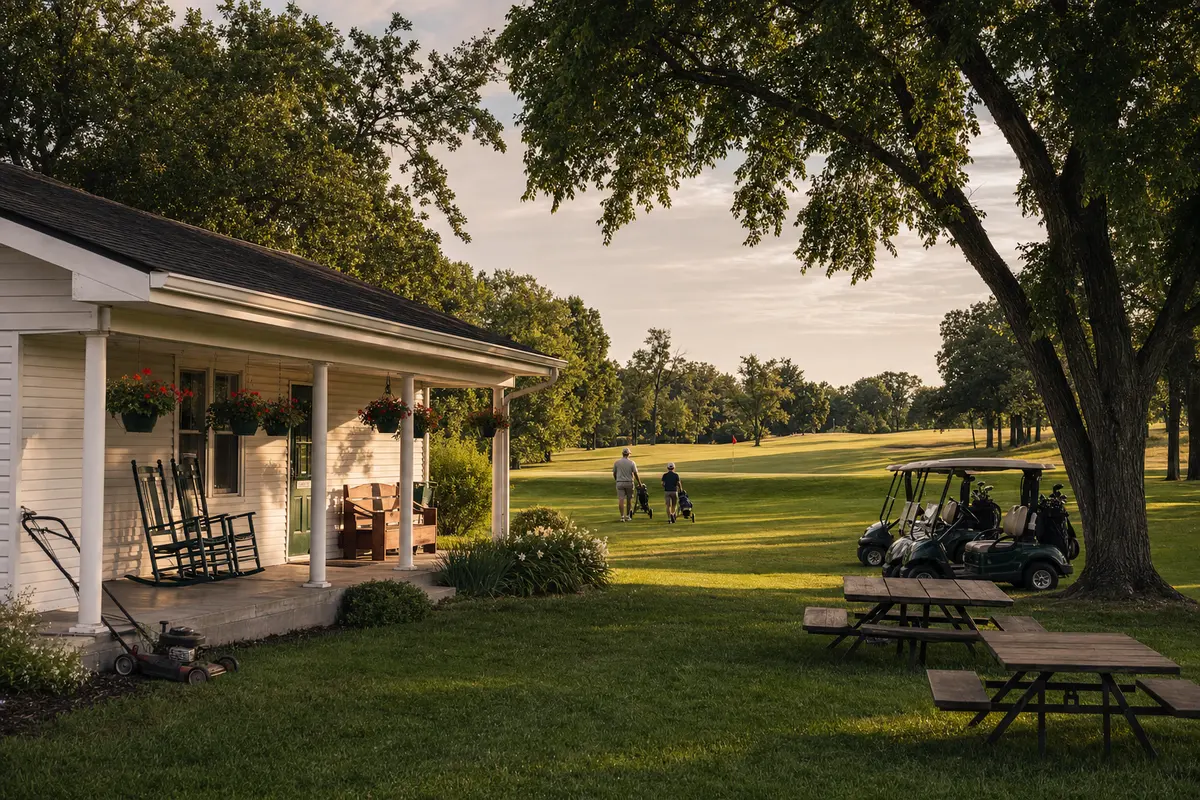 A family run nine hole golf course in late afternoon light, a small white clapboard pro shop with a covered porch and rocking chairs, picnic tables under a shade tree, and a parent and child walking toward the first tee with a golf trolley.