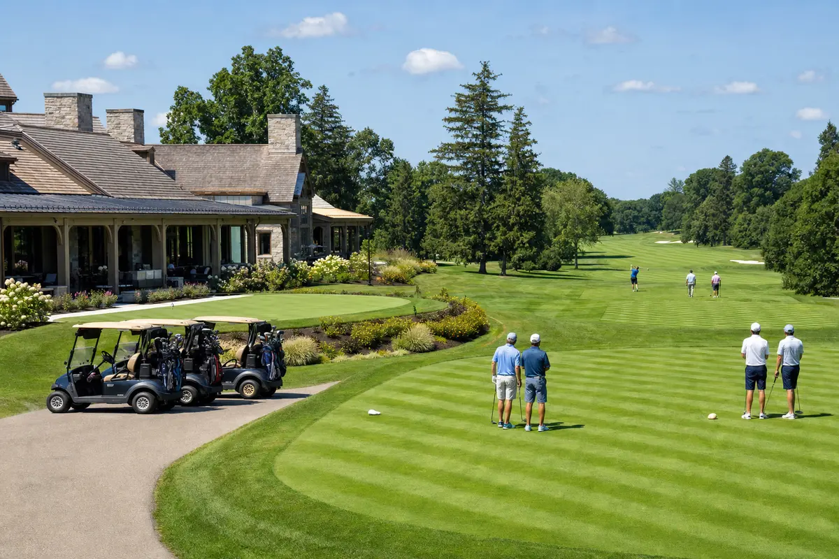 A busy first tee at a daily fee golf course at midday, two groups waiting to play, carts staged on the path and a stone clubhouse with a covered veranda behind them.