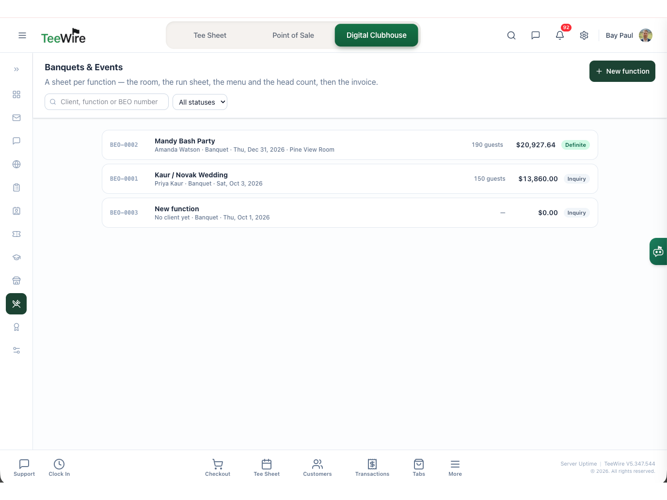 The Banquets and Events list in TeeWire: one row per function, each carrying its own BEO number, the function name, the client, the type, the date, the room it is booked into, the guest count, the contracted value and a status of definite or inquiry. A search field and a status filter sit above the list, and a New function action starts the next one. A freshly started function sits in the list with no client and no value yet.