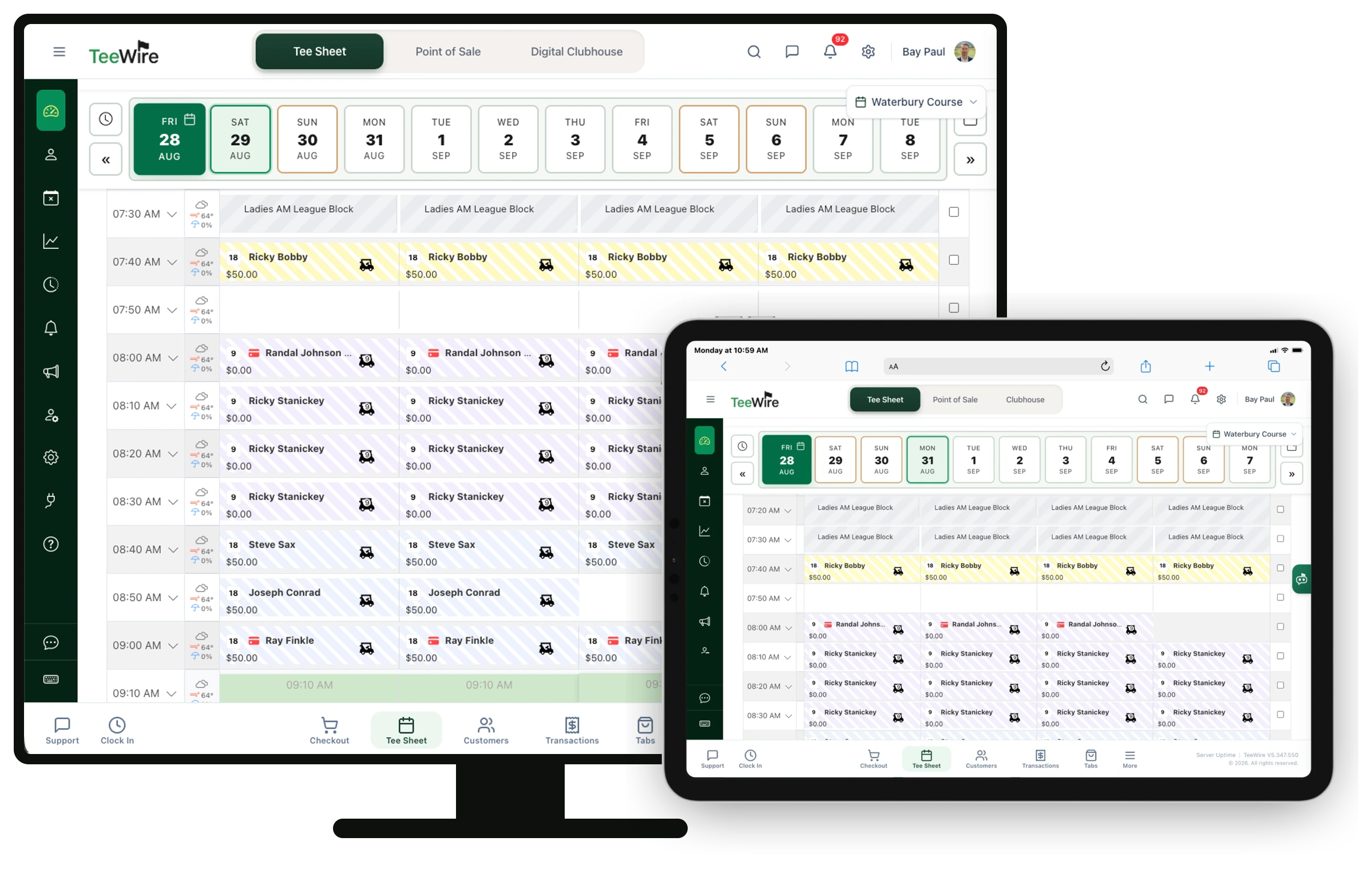 The TeeWire tee sheet running on a desktop monitor and on an iPad side by side, the same full morning on both. One row per tee time down the left with the weather and chance of rain beside each, four player slots across each row, a blocked ladies league above the first bookings, booked players showing their name, the holes they are playing and what they are paying, and a day strip across the top stepping through the next two weeks.
