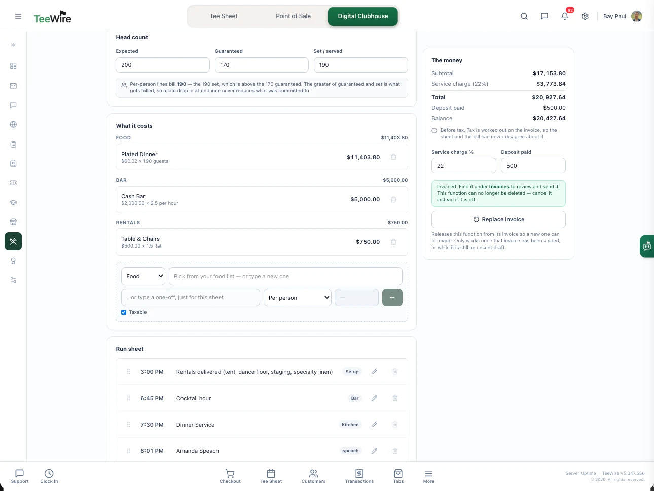 A banquet event order being built in TeeWire. The head count carries an expected 200, a guaranteed 170 and 190 set and served, with a note that the 190 is what bills because the greater of guaranteed and set is charged, so a late drop in attendance still bills what was committed to. Underneath, what it costs is grouped into food, bar and rentals: a plated dinner at $60.02 for 190 guests, a cash bar at $2,000.00 charged over two and a half hours, and $750.00 of tables and chairs, each line added per person, per hour or flat, and each marked taxable or not. The money panel at the right totals $17,153.80 before a 22% service charge, $20,927.64 with it, less a $500.00 deposit for a balance of $20,427.64, and the function has already been invoiced. Below the costs, a run sheet lists the day in order: rentals delivered at 3:00 PM, cocktail hour at 6:45, dinner service at 7:30 and a speech at 8:01, each tagged to the department that owns it.