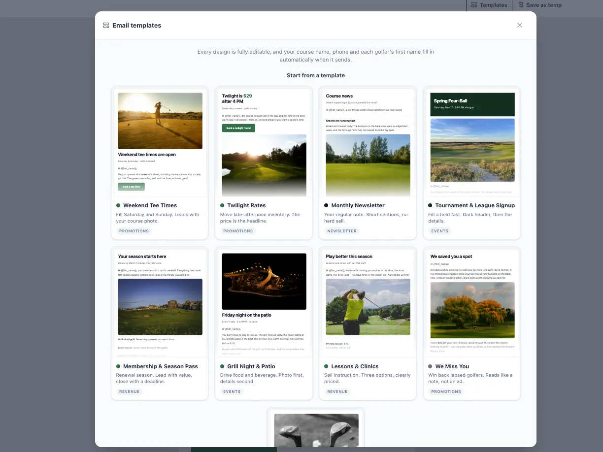 The email template gallery in TeeWire, under a note that every design is fully editable and that the course name, phone and each golfer's first name fill in automatically when it sends. Eight ready designs sit in a grid, each with a preview and a category: Weekend Tee Times and Twilight Rates under promotions, a Monthly Newsletter, Tournament and League Signup under events, Membership and Season Pass and Lessons and Clinics under revenue, Grill Night and Patio under events, and a We Miss You win-back under promotions. Each carries a line on the job it does, from filling Saturday and Sunday to moving late afternoon inventory.