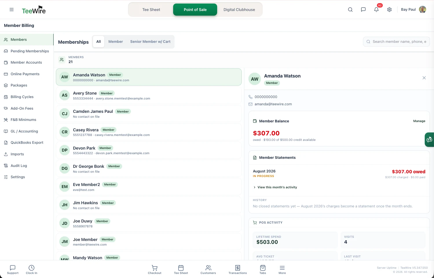 Member Billing in TeeWire with one member's record open. The list on the left holds 21 memberships with each member's name, tier and contact details, and the panel on the right shows Amanda Watson: a member balance of $307.00 owed against $193.00 of $500.00 credit still available, an August 2026 statement in progress showing $307.00 charged and nothing paid yet, a note that the month's charges become a statement once the month ends, and her point of sale activity with lifetime spend and visit count. The left rail lists Members, Pending Memberships, Member Accounts, Online Payments, Packages, Billing Cycles, Add-On Fees, F&B Minimums, GL / Accounting, QuickBooks Export, Imports, Audit Log and Settings.