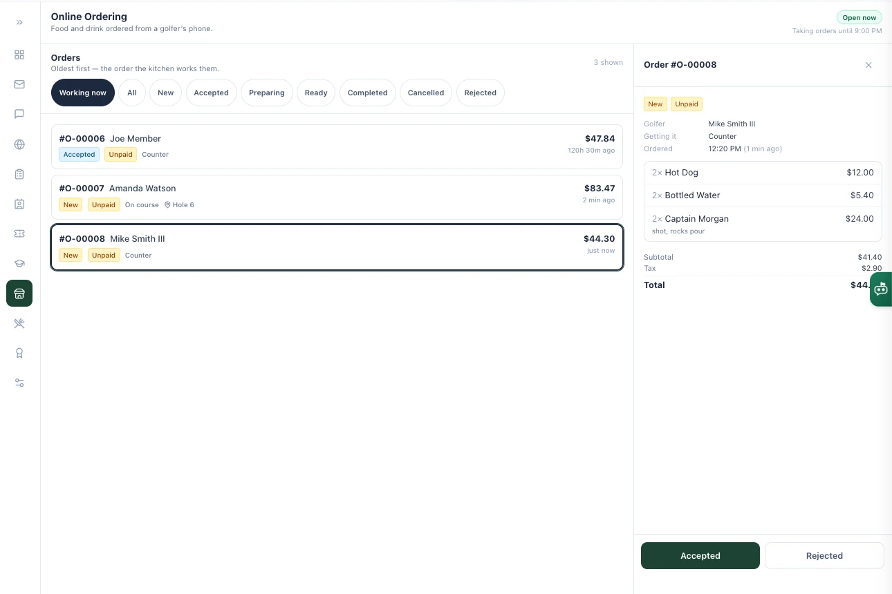 The online ordering console in TeeWire, working the queue oldest first. Three orders are open, each showing its number, the golfer, the total, how long ago it arrived, whether it is new or accepted, whether it is paid, and how it is being collected: two at the counter and one out on the course at hole 6. The panel at the right has one order open, two hot dogs, two bottled waters and two Captain Morgans with a shot and a rocks pour recorded against them, priced to a subtotal, tax and total, with accept and reject as the only two decisions to make.