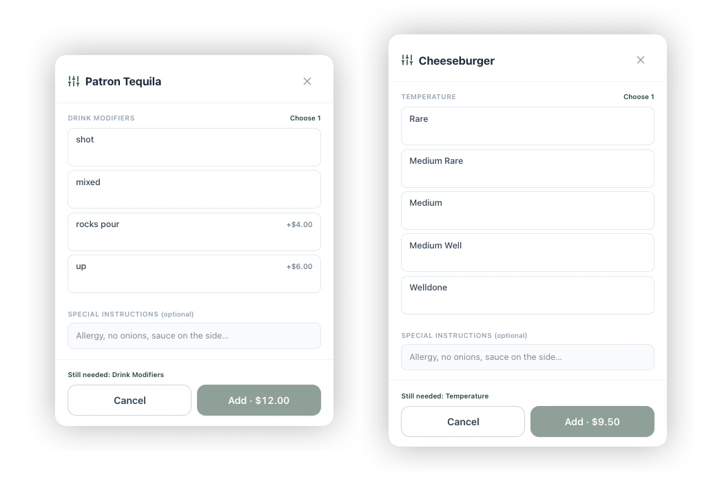 Two modifier dialogs from the TeeWire register side by side. On the left a Patron Tequila asks for one drink modifier and offers a shot, mixed, a rocks pour at four dollars more or up at six dollars more, so the pour changes the price of the line. On the right a cheeseburger asks for one temperature and offers rare through well done at no extra charge. Both carry an optional special instructions box for allergies and requests, both say what is still needed before the item can be added, and both show the running price on the add button.