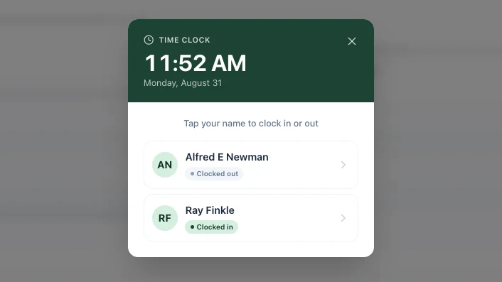 The time clock in TeeWire, open over the register. It shows the time, 11:52 AM on Monday, August 31, and asks staff to tap their name to clock in or out. Two people are listed, each with their initials and their current state: Alfred E Newman is clocked out and Ray Finkle is clocked in.