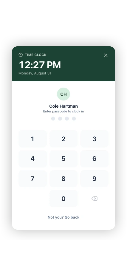The passcode step of the TeeWire time clock, over the register. It shows the time, 12:27 PM on Monday, August 31, the staff member it has selected, Cole Hartman, and a prompt to enter a passcode to clock in, with four empty dots above a numeric keypad and a way back out for anyone who tapped the wrong name.