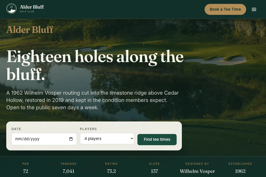 The Alder Bluff demonstration course website, built on TeeWire. A dark green header carries the club crest and a Book a Tee Time button above a photograph of the course, with the headline Eighteen holes along the bluff and a short account of the 1962 routing. A booking panel sits in the hero carrying a date, a player count and a Find tee times button, and a bar beneath it lists par 72, 7,041 yards, a 73.2 rating, a 137 slope, the architect and the year the club opened.