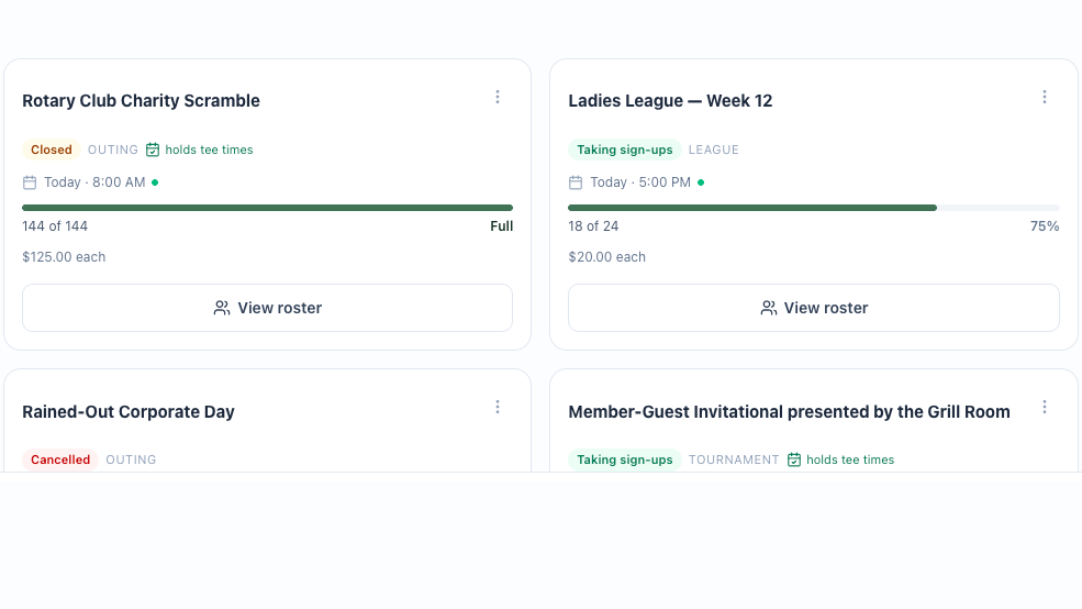 The TeeWire Event Registration screen showing a Rotary Club Charity Scramble marked Closed and Full at 144 of 144 with a holds tee times badge, a Ladies League Week 12 taking sign-ups at 18 of 24, and a Member-Guest Invitational tagged Tournament, also holding tee times.