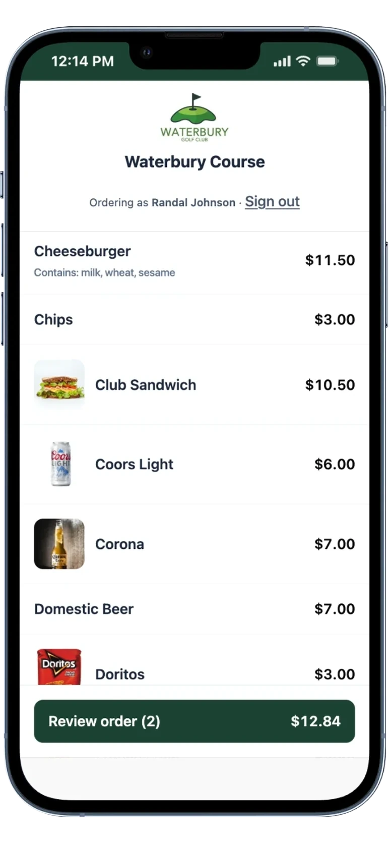 The ordering menu on a golfer phone, carrying the course's own name and crest rather than a marketplace brand. Items run down the page with a photo and a price each: a cheeseburger at $11.50 listed with the allergens it contains, chips, a club sandwich, a Coors Light, a Corona, a domestic beer and Doritos. The golfer is signed in by name, and a bar fixed to the foot of the screen carries the running basket and its total.