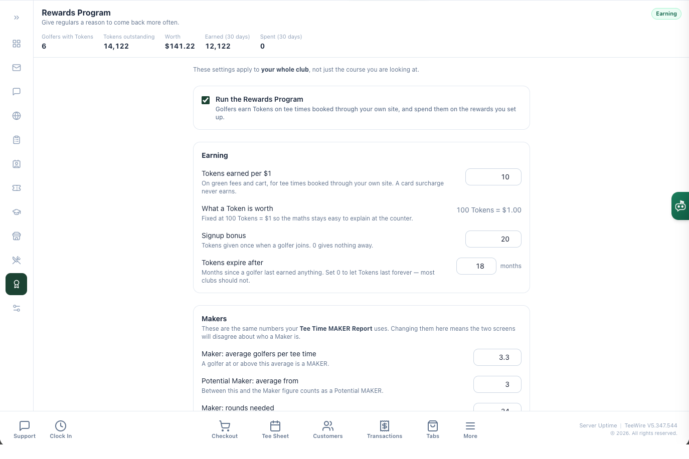 The Rewards Program settings screen in TeeWire. Across the top, the program status and five live figures: how many golfers hold Tokens, how many Tokens are outstanding, what those Tokens are worth in dollars, and how many were earned and spent over the last thirty days. Below it a note that the settings apply to the whole club rather than one course, the switch that runs the program, and the Earning panel with its four fields: Tokens earned per dollar, the fixed value of one hundred Tokens to the dollar, the signup bonus, and the number of months of inactivity after which Tokens expire. Underneath, the Makers panel with the average golfers per tee time that makes a golfer a MAKER, the lower figure that marks a Potential MAKER, and the rounds needed before the average counts.