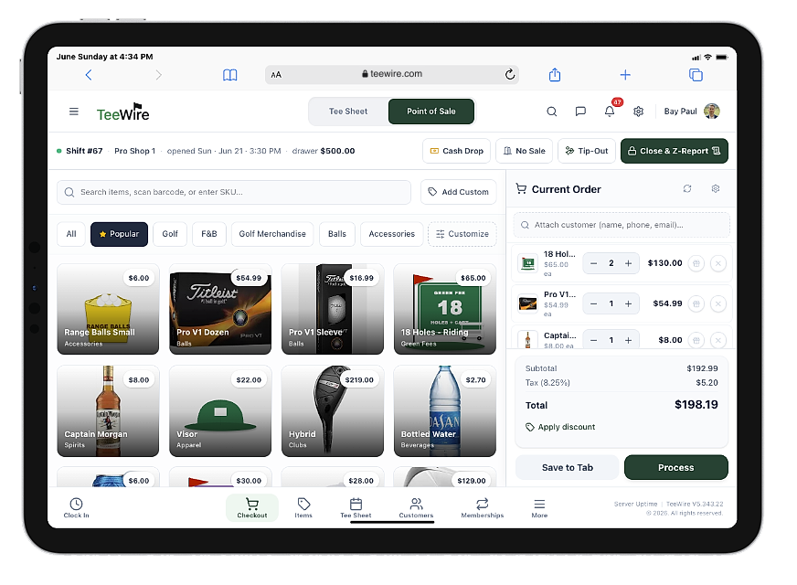 The TeeWire golf course POS and tee sheet running together on one iPad, showing the Point of Sale pro shop register in the same system as the tee sheet