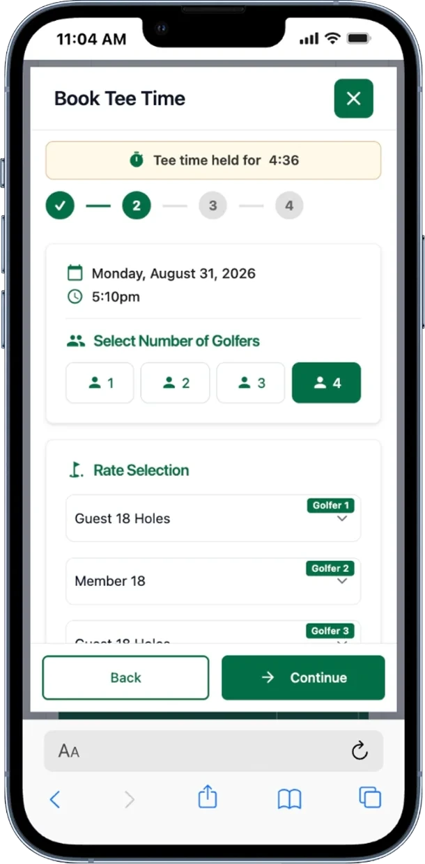 The TeeWire tee time booking flow on a phone, at step two of four, with the tee time held while the golfer fills the group in. Four golfers are selected for Monday, August 31 2026 at 5:10pm, and the rate panel below carries a separate rate per seat: Guest 18 Holes for golfer one, Member 18 for golfer two and Guest 18 Holes for golfer three, so a member and their guests book one tee time at their own rates.