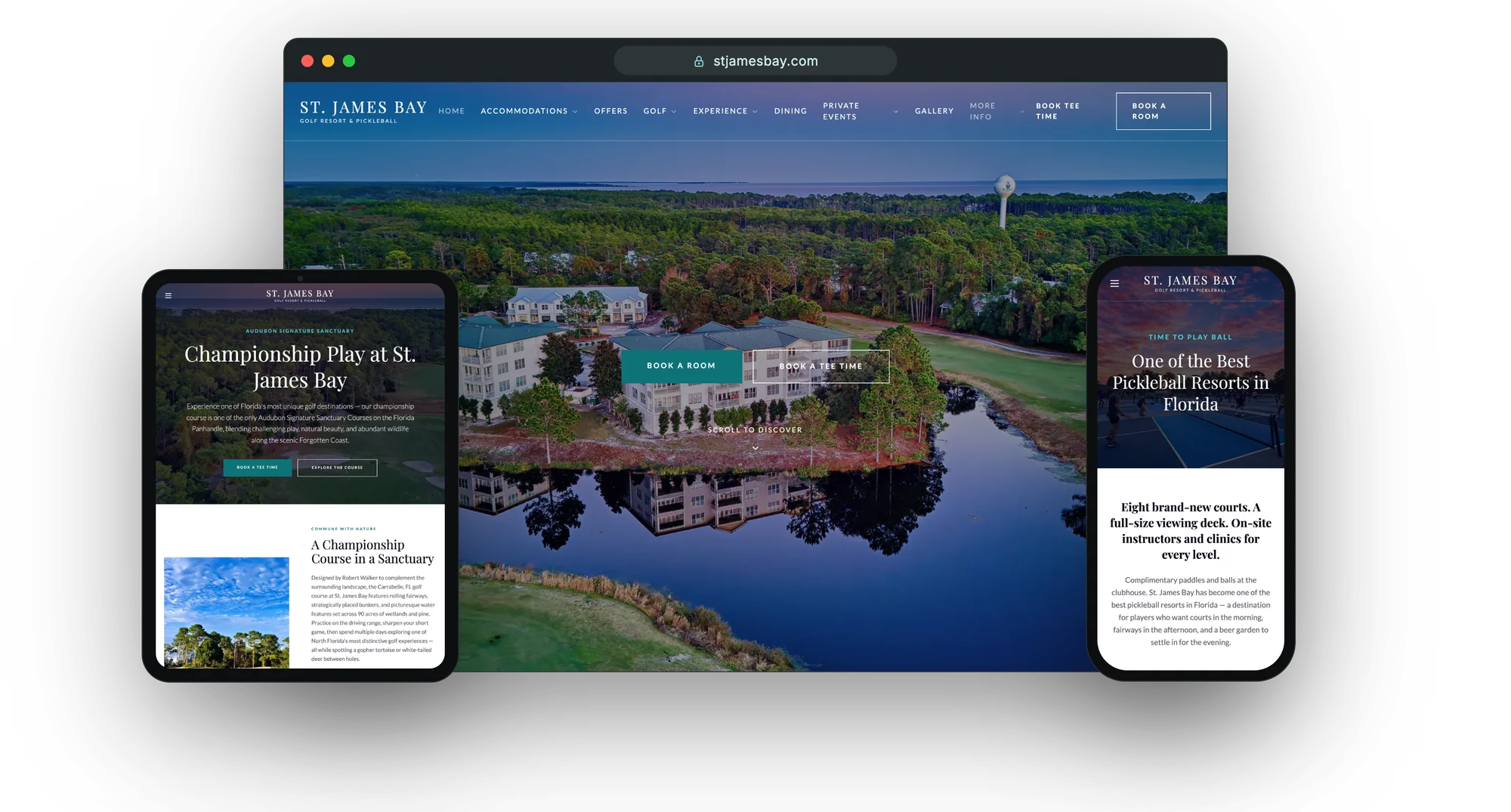 St. James Bay Golf Resort website shown on desktop, tablet, and mobile