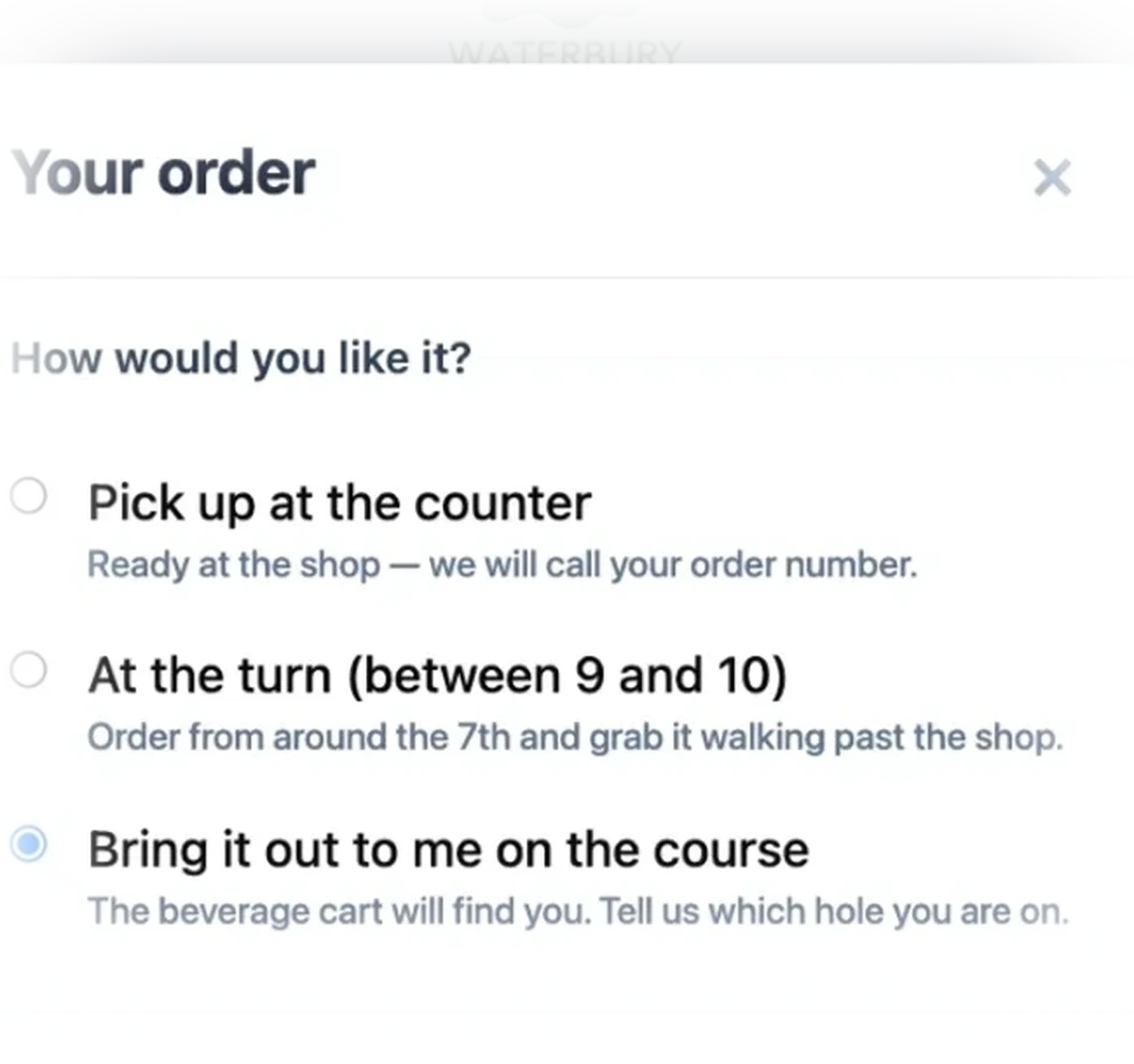 A golfer choosing to have the order brought to the course.